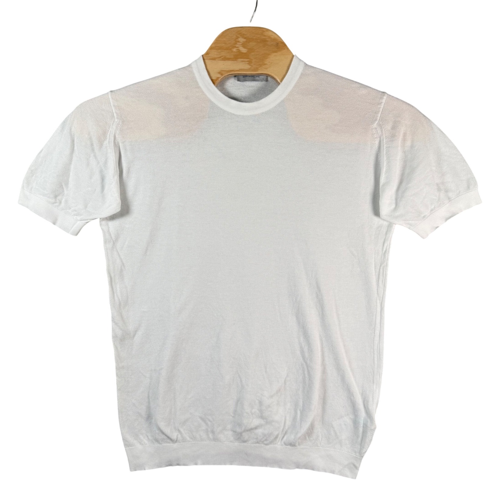John Smedley Sea Island Cotton Park Knit Shirt Mens L White Short Sleeve Top